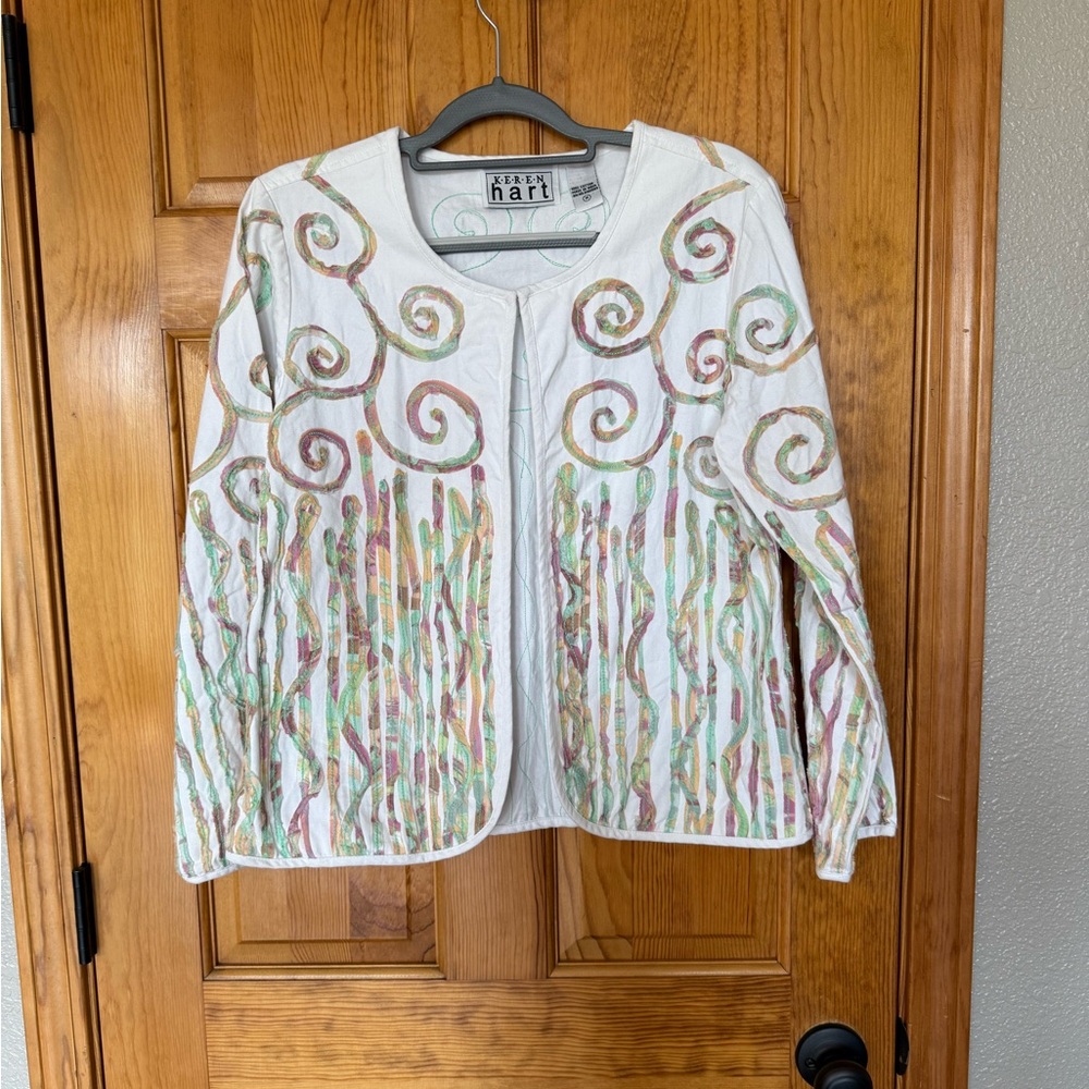 KEREN hart White Multicolor Swirl Embroidered Cardigan Jacket size Medium